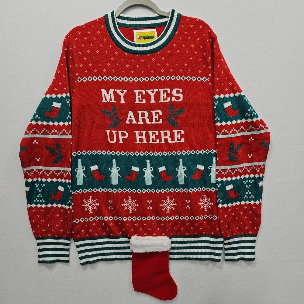 Tipsy Elves‎ My Eyes Are Up Here Mens Size XL Beer Holder Christmas Ugly Sweater